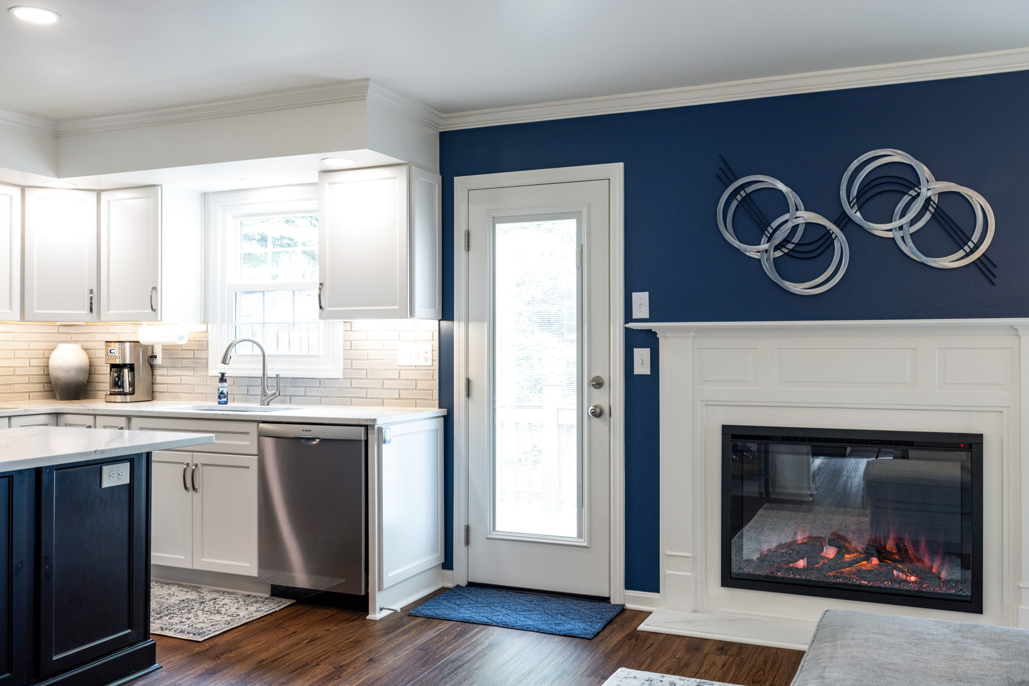 Kitchen fireplace in open concept remodel